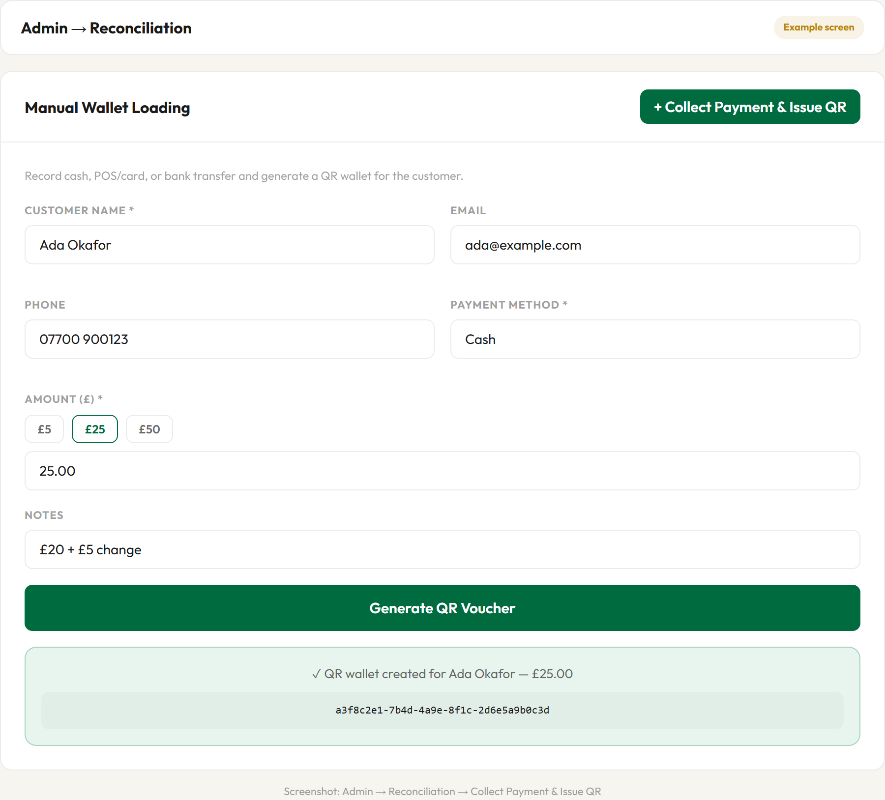 Manual wallet loading form in admin reconciliation