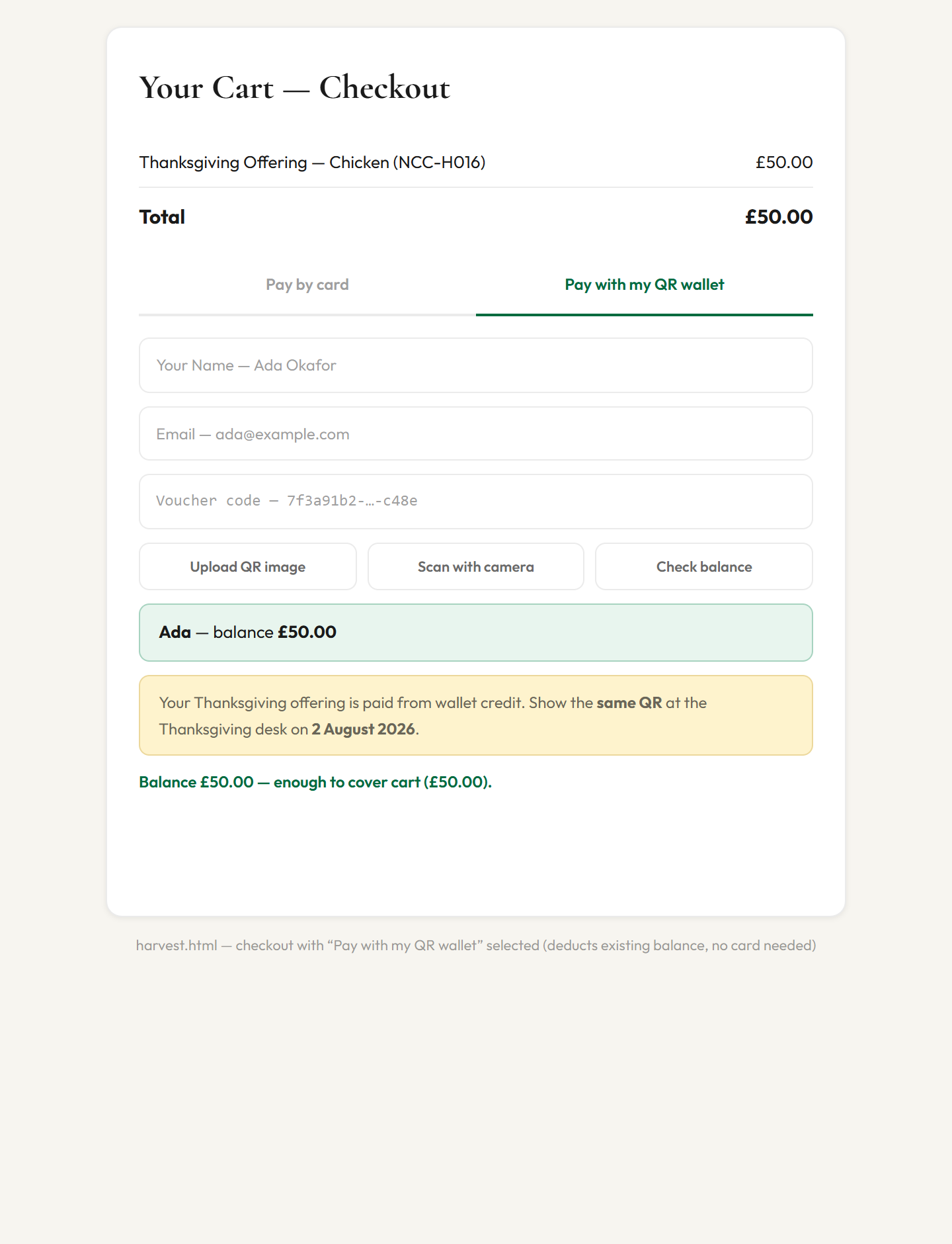 Checkout with Pay with my QR wallet tab selected