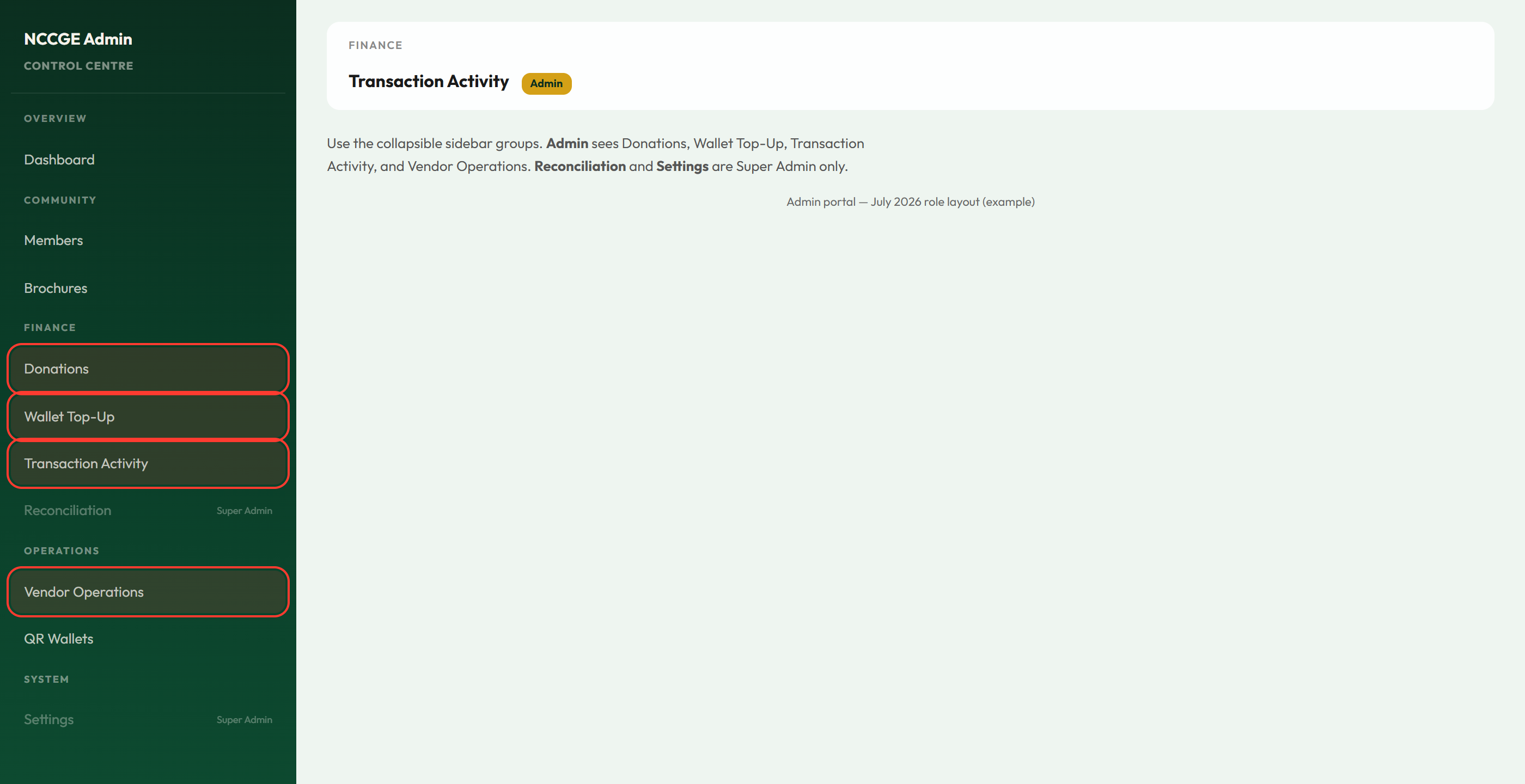 Admin portal sidebar showing Finance and Operations sections for Admin role